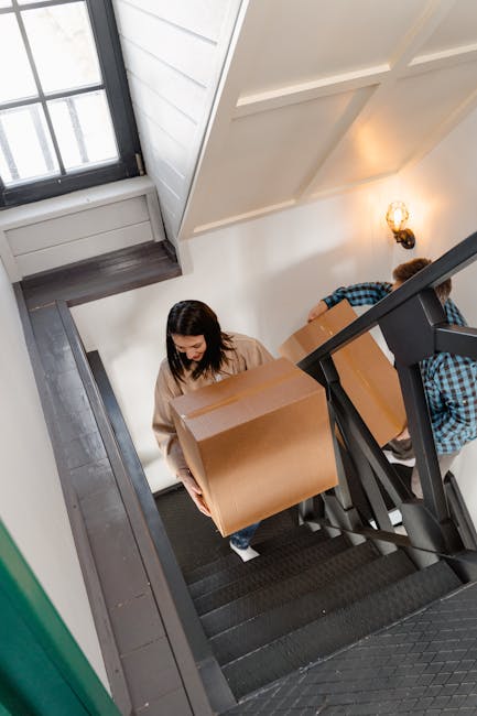 A woman with dark hair, dressed in a beige jumper, is carrying a large cardboard moving box up a carpeted staircase inside a residential property. Behind her, a man wearing a blue and black checkered shirt is also holding a similar cardboard box. The staircase has black wooden steps with a matching black handrail and a white wall on one side, illuminated by a wall-mounted light fixture emitting warm light. A window with black framing and white panes is visible at the top of the stairs, letting in natural daylight. The interior features white, paneled walls and ceiling, creating a bright environment suitable for home relocation. The scene captures the process of packing and moving furniture and boxes as part of a professional furniture transport service, with the relocation process progressing towards the upper floor. Man with Van Harrow specializes in house removals and offers solutions for stair access challenges during move-in or move-out procedures.